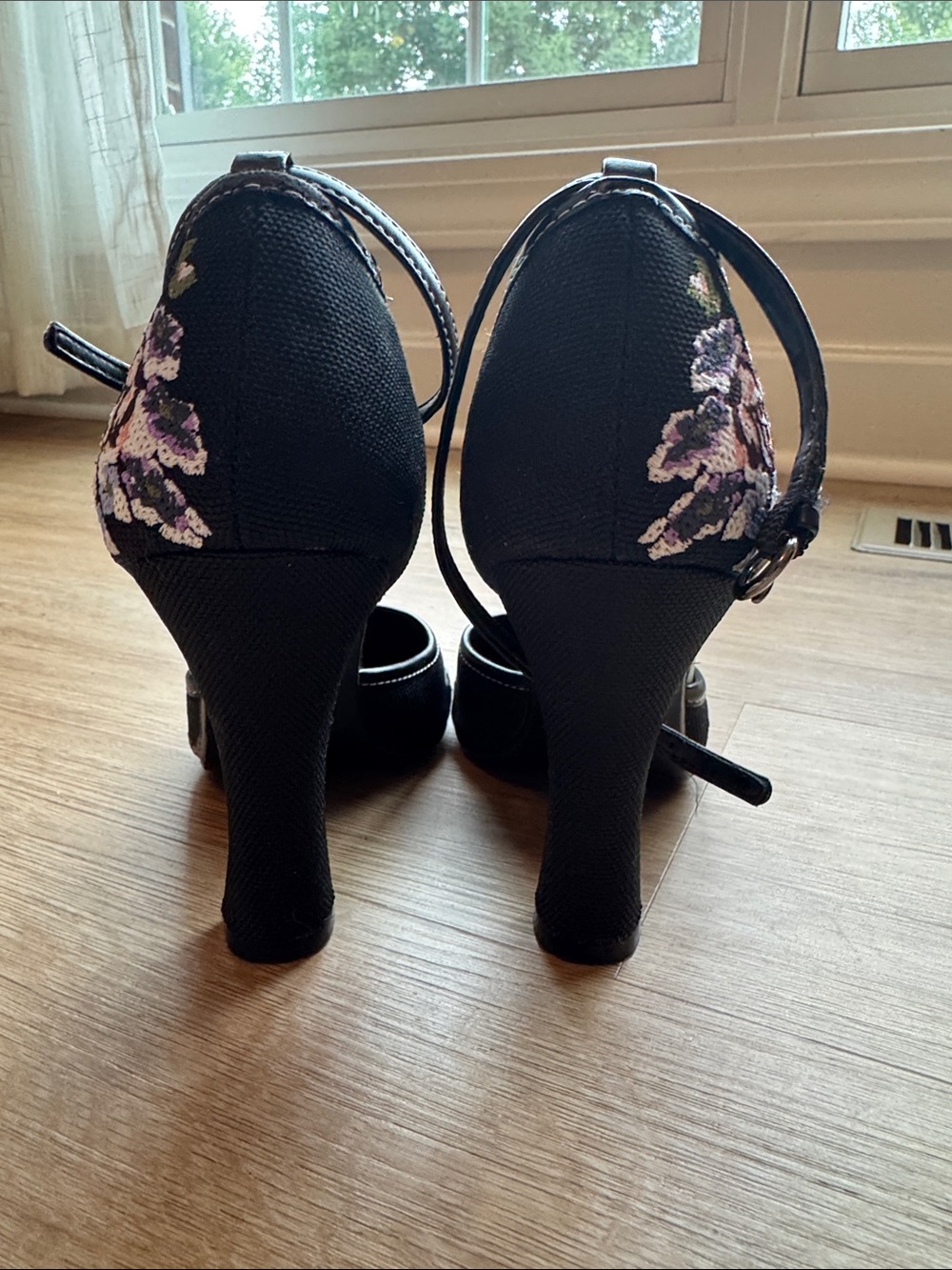 Black Floral Embroidered High Heels with Ankle Strap - Picture 5 of 6